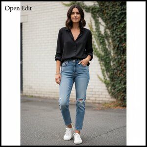 Open Edit Relaxed Fit Long Sleeve Button-Up Shirt NWOT Black Med Hole on sleeve